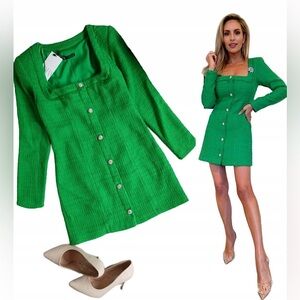 🆕(NWT) ZARA Bloggers Fav Green Tweed Mini Dress with Jewel Buttons. SMALL